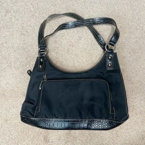 Black Crescent Shoulder Bag with Textured Trim